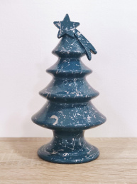 Albero di Natale in Ceramica Artigianale decorato a Mano - 21 cm - Blu Ottanio e Argento