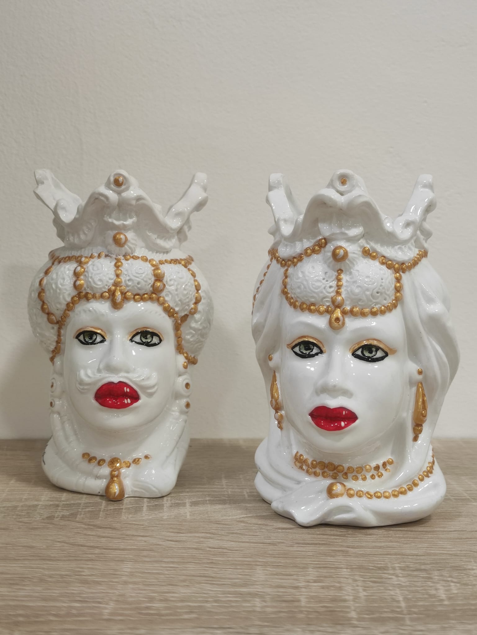 Coppia Teste di Moro Emiro in Ceramica - 14 cm - Bianco e Oro