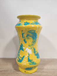 Vaso Albarello in Ceramica di Sciacca Artigianale - Pittura a Freddo - 25 cm - Giallo Turchese e Bianco